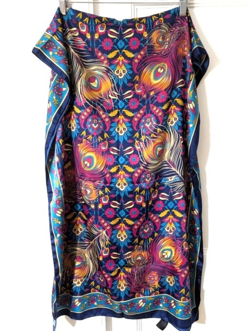 New Bursa Silk Art 100% Silk Peacock Feather Print Rectangle Scarf 64"Lx22.5"W